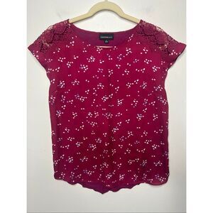 Fortune + Ivy Raspberry Pink Blue White Geometric Dots Lace Shoulders Blouse Top